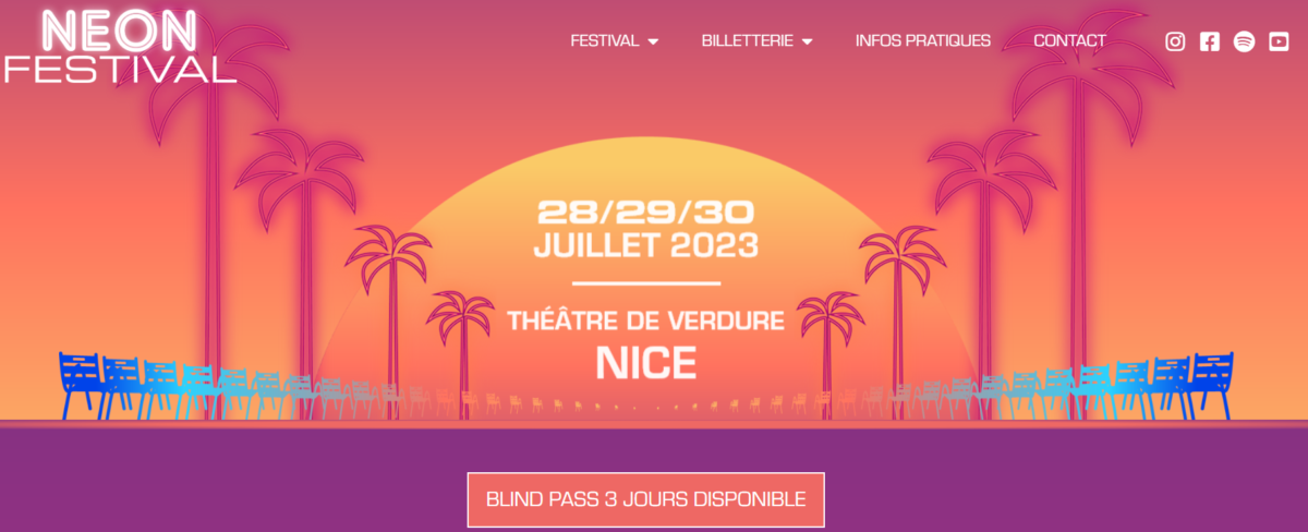 impression ecran du site neon festival a nice pour la promotion de l'event ayant lieu a nice sur la cote d'azur en juillet 2023