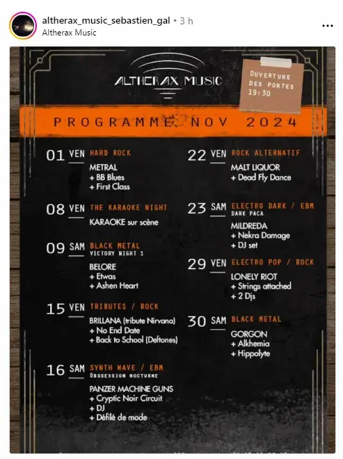 screen de la programmation du mois de novembre 2024 de la salle altherax a nice