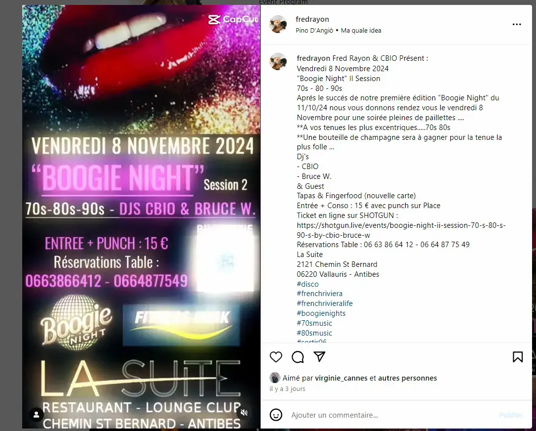 flyer de la prochaine soiree boogie nights promu par le dj et organisateur de soirees fred rayon souvent dans le secteur antibes juan les pins