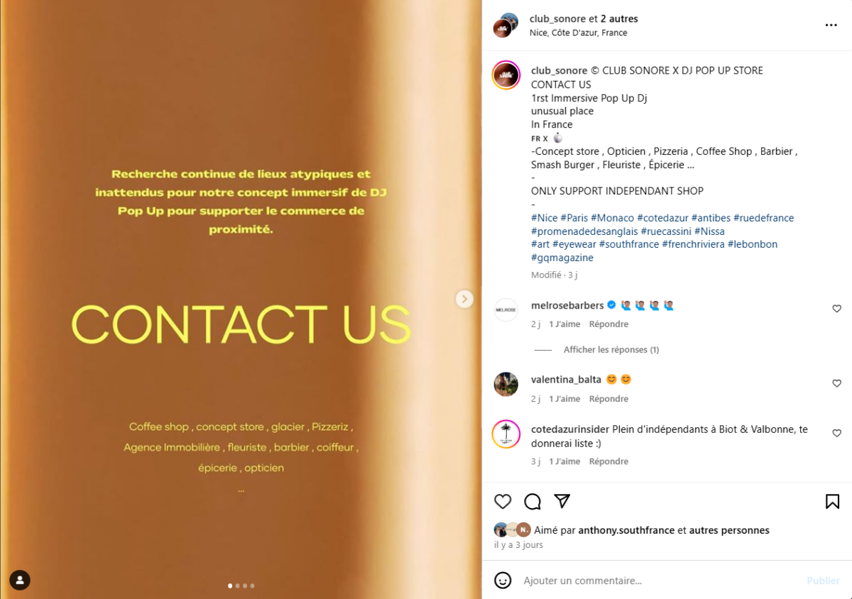 screen instagram du club sonore un collectif nicois qui cherche a mettre en relation des lieux insolites et independants pour hoster des soirées dj