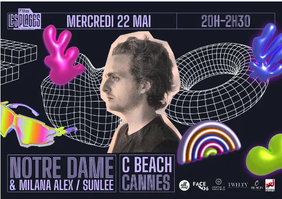 flyer de la beach party les petites plages 2024 qui aura lieu a cannes le 22 mai 2024 sur la plage C beach sur la croisette