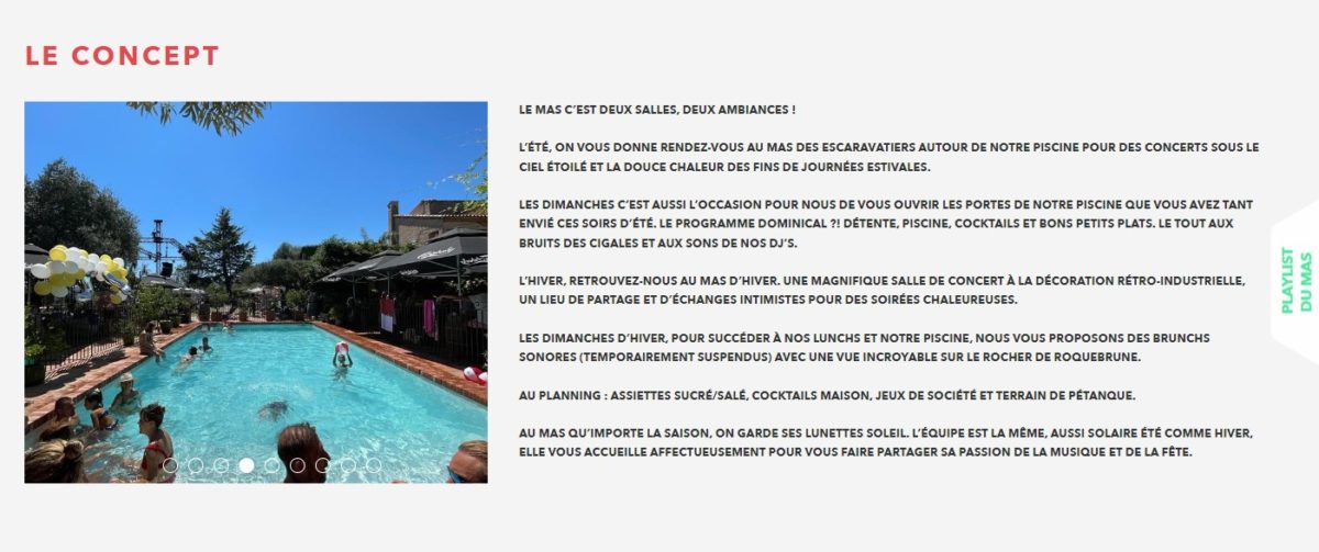 impression ecran du site du mas des escaravatiers a puget sur argent dans le var qui propose des concerts toute l'annee, ete au bord de la piscine tout comme hiver dans une salle a la deco industrielle