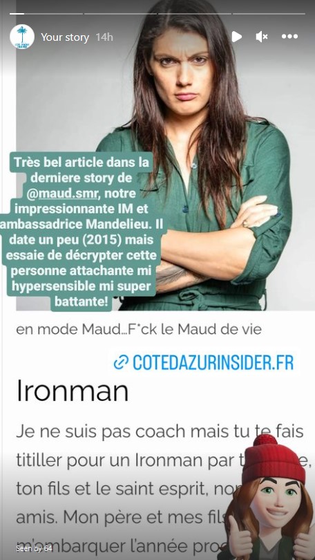 story instagram mettant en avant la triathlete maud smr egalement ambassadrice mandelieu la napoule