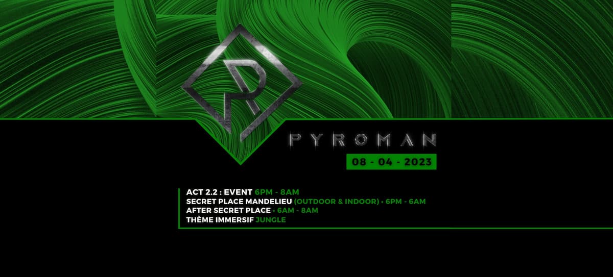 flyer d'une soiree techno immersive pyroman a mandelieu en avril