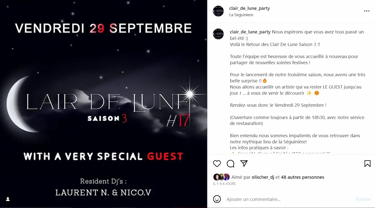 Flyer de la soirée électro nommée clair de lune à la seguiniere de la Gaude sur la côte d'azur