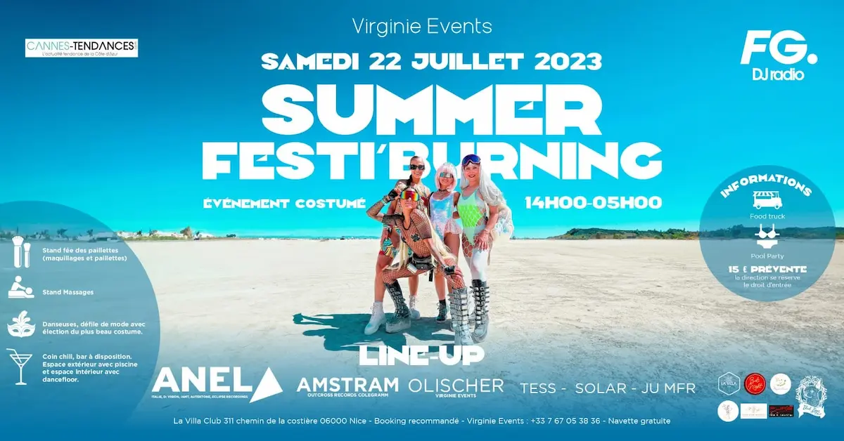 affiche de la summer festi burning organisee par virginie events ayant lieu le 22 juillet 2023